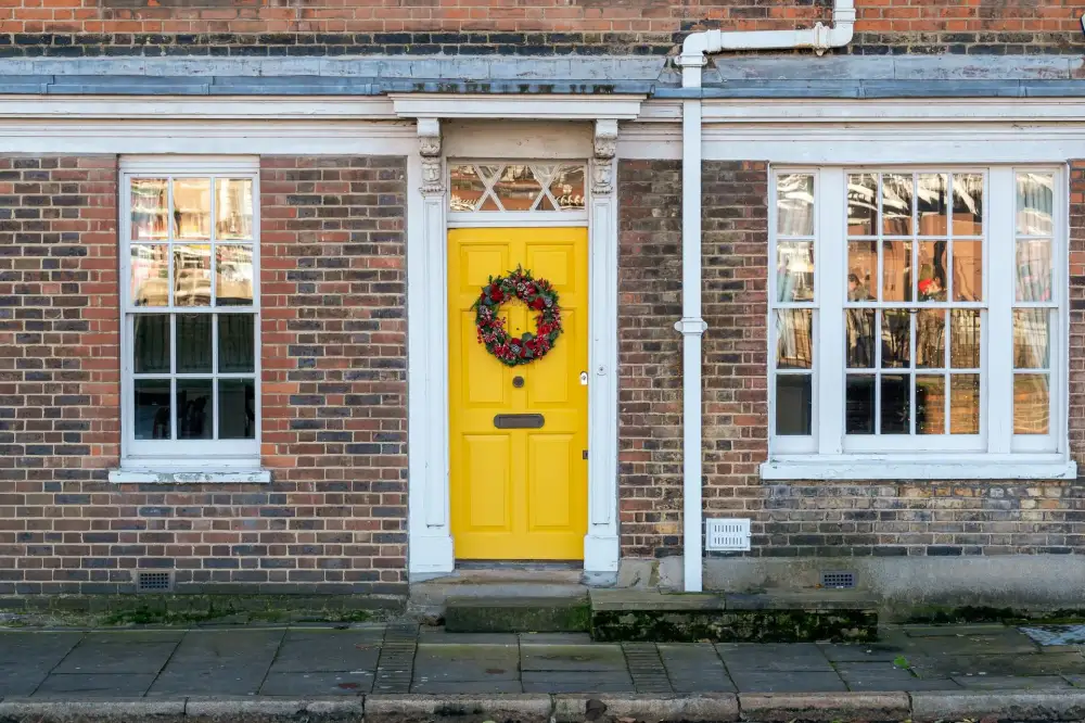 Yellow front door on a red-brick Victorian house – residential locksmith Normanton front door security check by Locksmith Normanton